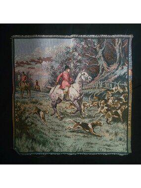 Vintage French Goblys Tapestry English Hunting Scene Equestrian 20"x 20" Cotton